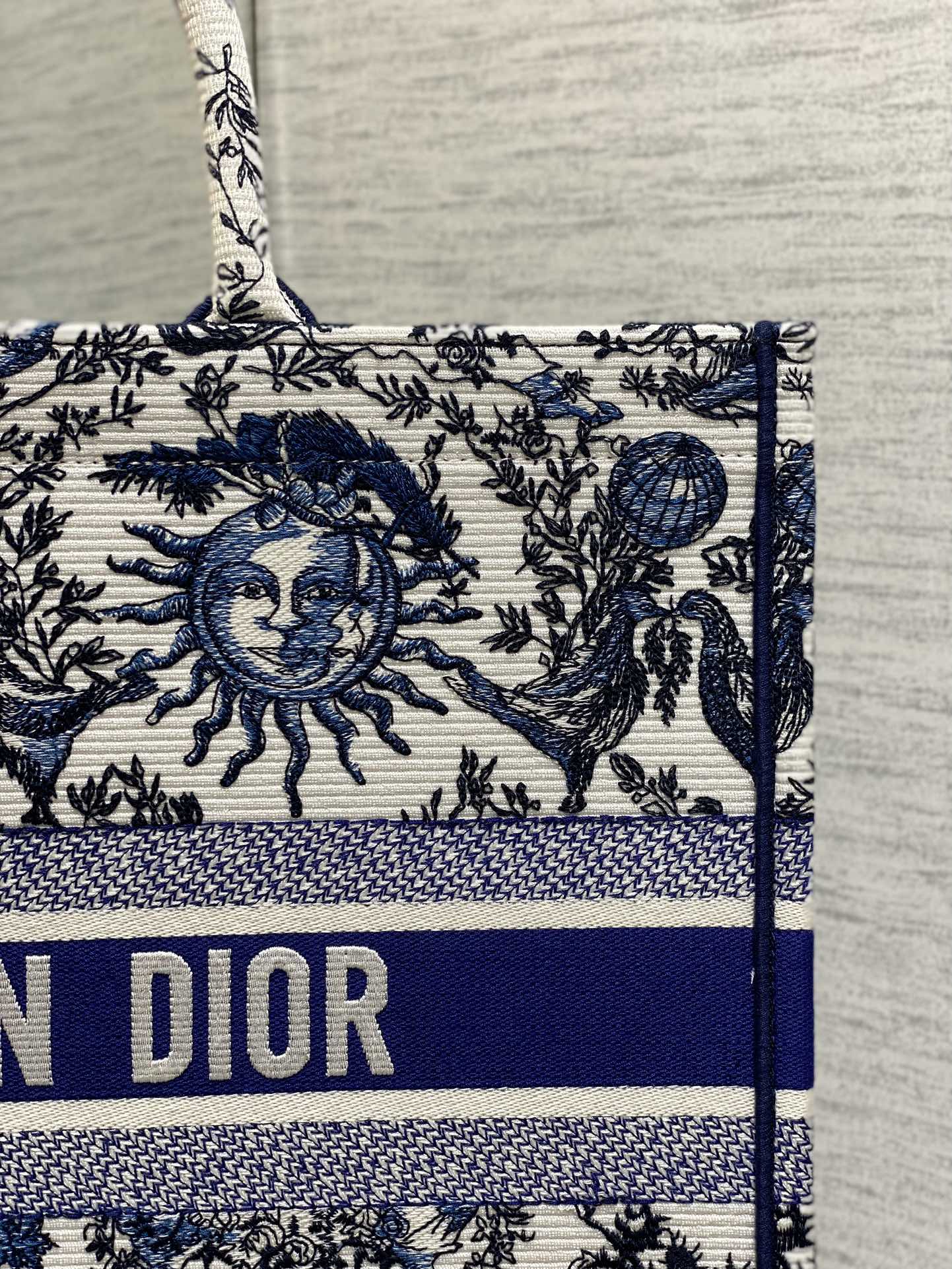 Large Dior Book Tote Bag White and Navy Blue Toile de Jouy Soleil Embroidery